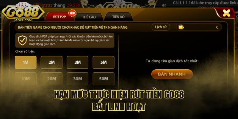 Hạn mức thực hiện rút tiền GO88 rất linh hoạt